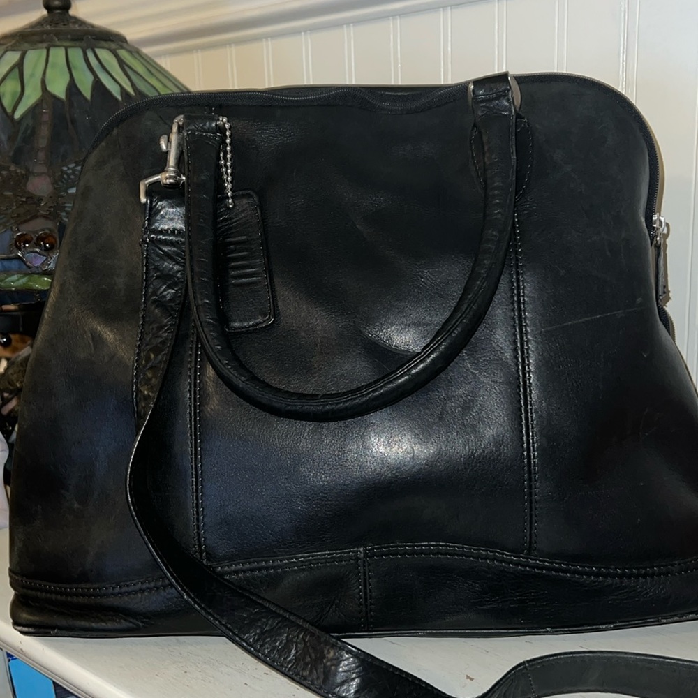 J Jill black leather weekender travel bag 17” x 13” x 7”